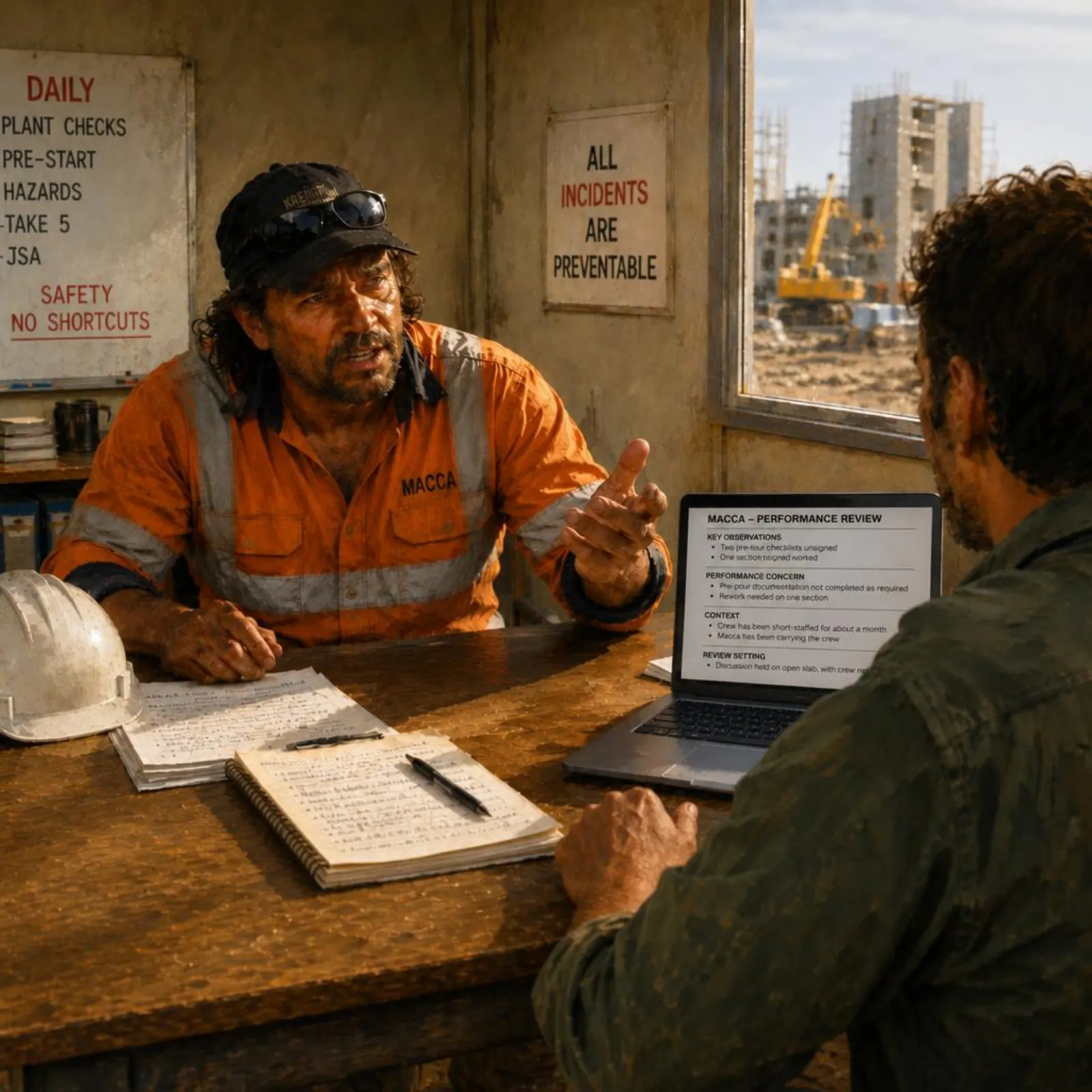 Illustration: a site supervisor with a clipboard faces a worker in hi-vis on a construction site